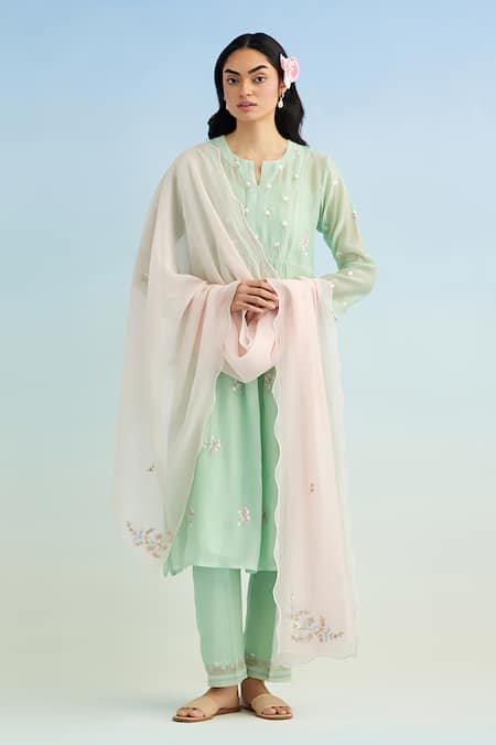 Anantaa By Roohi Green Embroidered Kurta Set with Pink Dupatta 