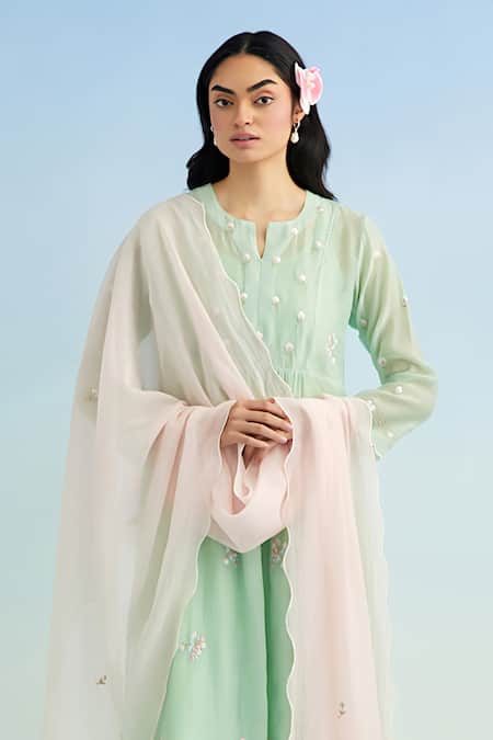 Shop_Anantaa By Roohi_Green Chanderi Embroidery Mandarin Collar Kurta Set With Pink Dupatta _Online_at_Aza_Fashions