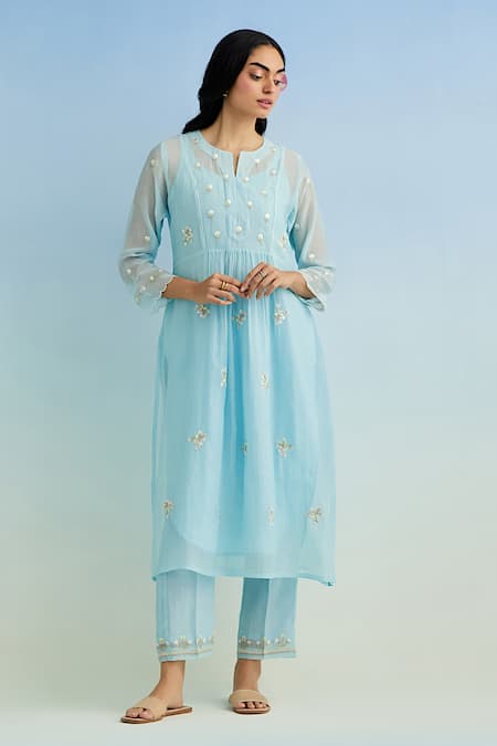 Anantaa By Roohi Blue Chanderi Embroidery Round Neck Machine Kurta Set Online at Aza Fashions Anantaa By Roohi_Blue Chanderi Embroidery Round Neck Machine Kurta Set _Online_at_Aza_Fashions