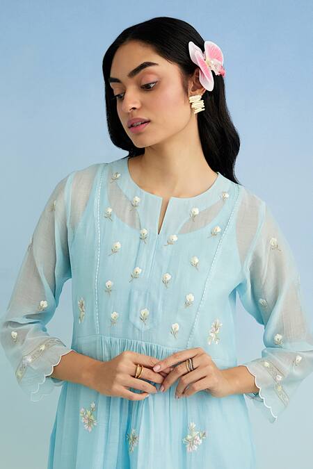 Shop Anantaa By Roohi Blue Chanderi Embroidery Round Neck Machine Kurta Set Online at Aza Fashions Shop_Anantaa By Roohi_Blue Chanderi Embroidery Round Neck Machine Kurta Set _Online_at_Aza_Fashions