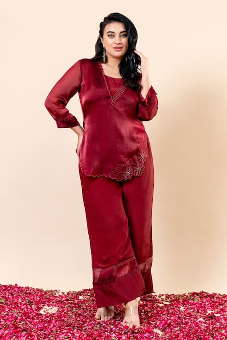 Mamicha_Maroon Organza, Chiffon Embroidery Round Neck Rose Wood Kurta Pant Set_Online_at_Aza_Fashions