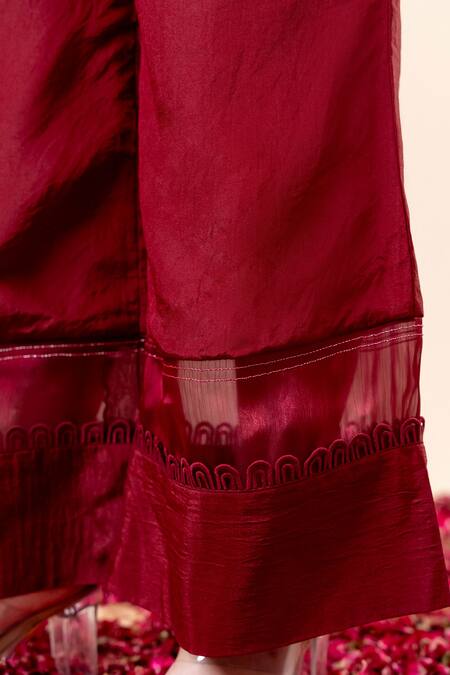 Shop_Mamicha_Maroon Organza, Chiffon Embroidery Round Neck Rose Wood Kurta Pant Set_Online_at_Aza_Fashions
