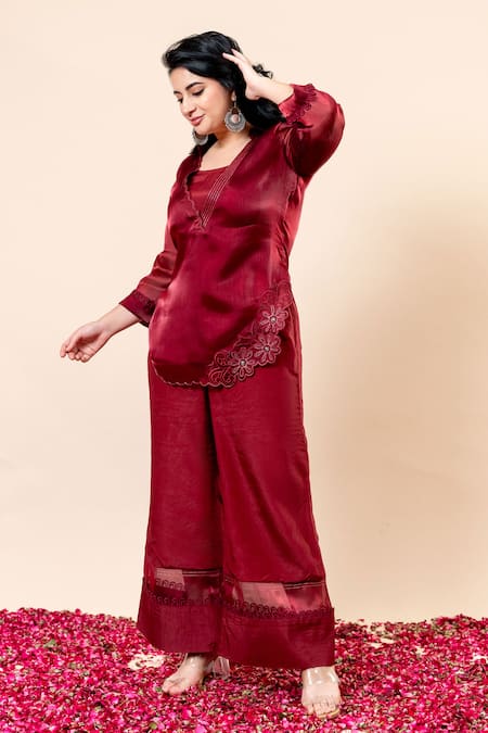 Shop_Mamicha_Maroon Organza, Chiffon Embroidery Round Neck Rose Wood Kurta Pant Set