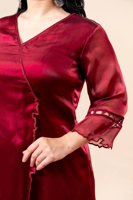 Buy Mamicha Maroon Organza, Chiffon Embroidery V-neck Rose Wood Angrakha Set Online at Aza Fashions Buy_Mamicha_Maroon Organza, Chiffon Embroidery V-neck Rose Wood Angrakha Set_Online_at_Aza_Fashions