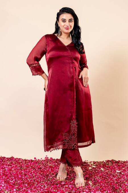 Shop Mamicha Maroon Organza, Chiffon Embroidery V-neck Rose Wood Angrakha Set Online at Aza Fashions Shop_Mamicha_Maroon Organza, Chiffon Embroidery V-neck Rose Wood Angrakha Set_Online_at_Aza_Fashions
