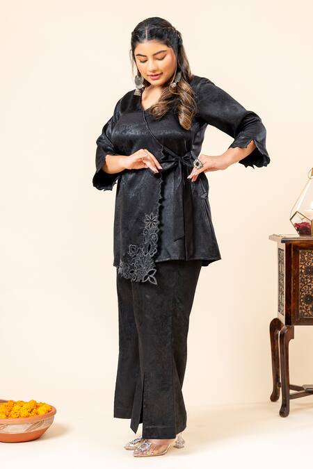 Shop_Mamicha_Black Satin Embroidery V-neck Space Angrakha And Pant Set_Online_at_Aza_Fashions