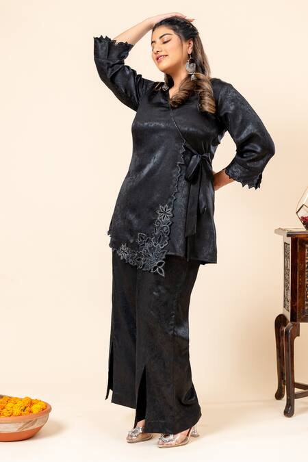 Mamicha_Black Satin Embroidery V-neck Space Angrakha And Pant Set_at_Aza_Fashions