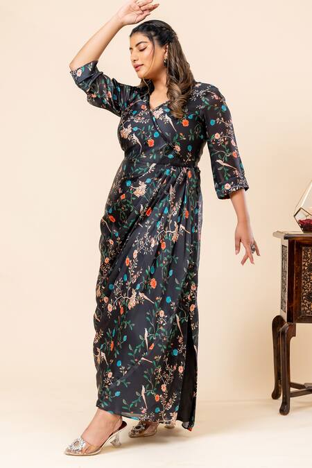 Mamicha_Black Satin, Georgette V-neck Floral Print Dress_Online_at_Aza_Fashions
