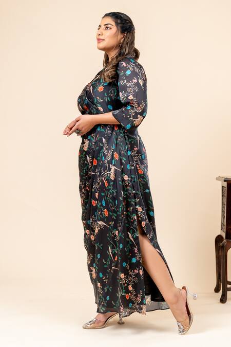 Buy_Mamicha_Black Satin, Georgette V-neck Floral Print Dress_Online_at_Aza_Fashions