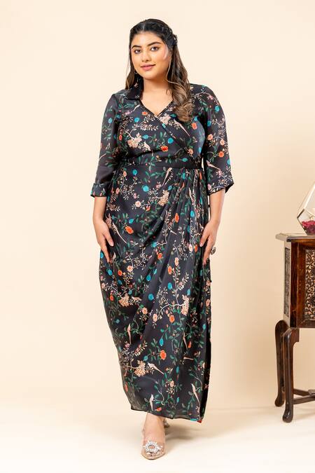 Shop_Mamicha_Black Satin, Georgette V-neck Floral Print Dress_Online_at_Aza_Fashions