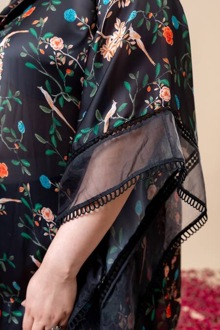 Buy_Mamicha_Black Satin, Georgette Collared Floral Print Kaftan And Pant Set