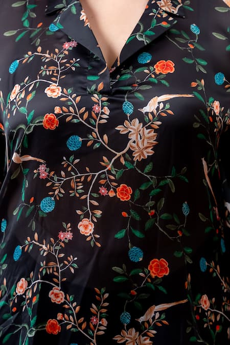 Shop_Mamicha_Black Satin, Georgette Collared Floral Print Kaftan And Pant Set