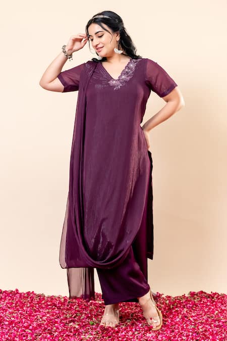 Mamicha Wine Chiffon Embroidery V-neck Flat Shimmer Kurta Set