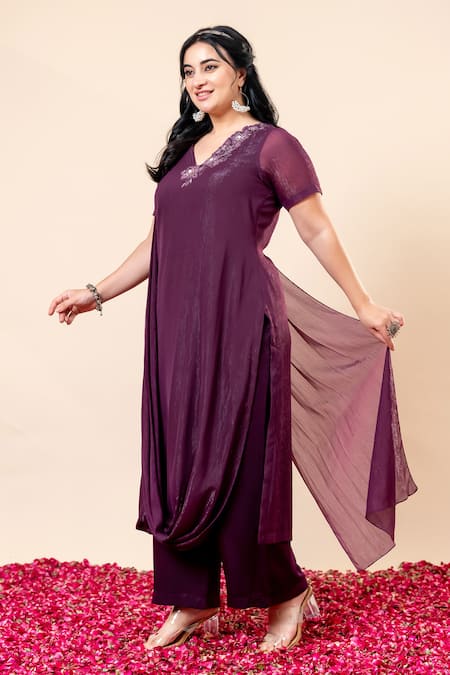 Mamicha_Wine Chiffon Embroidery V-neck Flat Shimmer Kurta Set_Online_at_Aza_Fashions