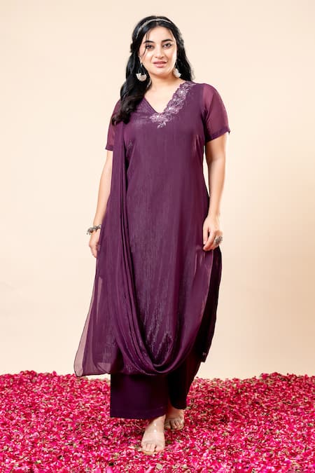 Shop_Mamicha_Wine Chiffon Embroidery V-neck Flat Shimmer Kurta Set_Online_at_Aza_Fashions