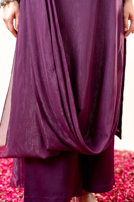 Mamicha_Wine Chiffon Embroidery V-neck Flat Shimmer Kurta Set_at_Aza_Fashions