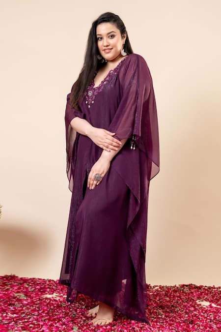 Mamicha_Wine Chiffon Beads, Sequins V-neck Flat Shimmer Kaftan Set_Online_at_Aza_Fashions