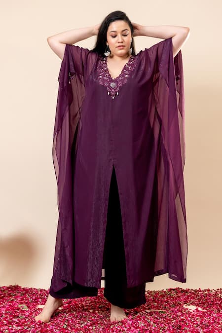 Mamicha_Wine Chiffon Beads, Sequins V-neck Flat Shimmer Kaftan Set_at_Aza_Fashions