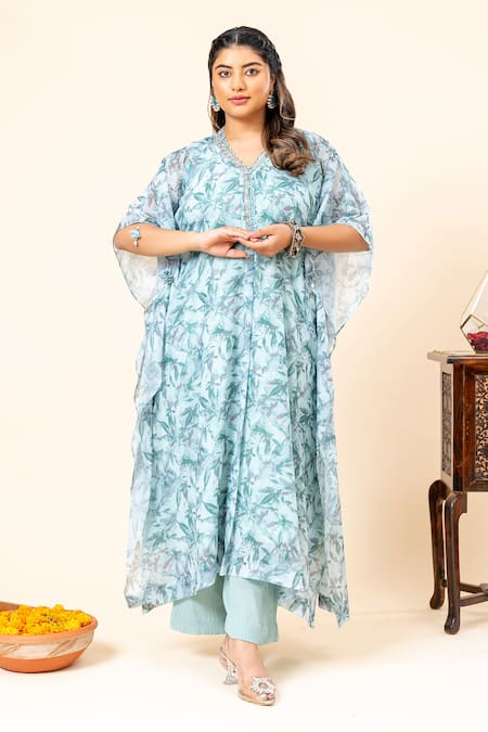 Mamicha_Cobalt Chiffon Round Neck Floral Print Kaftan Set_Online_at_Aza_Fashions