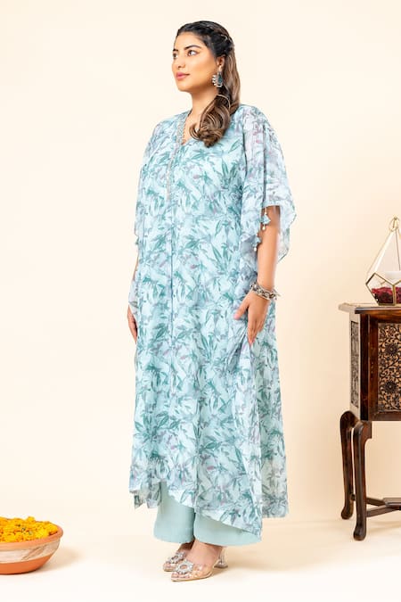Buy_Mamicha_Cobalt Chiffon Round Neck Floral Print Kaftan Set_Online_at_Aza_Fashions