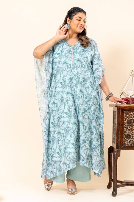 Mamicha_Cobalt Chiffon Round Neck Floral Print Kaftan Set_at_Aza_Fashions
