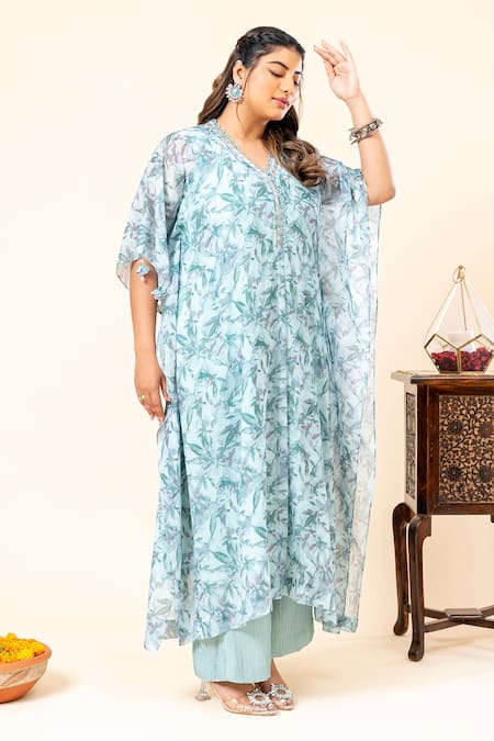 Buy_Mamicha_Cobalt Chiffon Round Neck Floral Print Kaftan Set