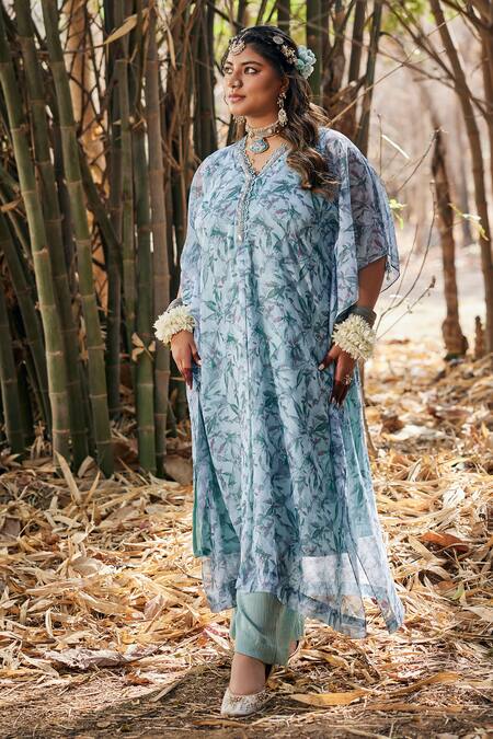 Shop_Mamicha_Cobalt Chiffon Round Neck Floral Print Kaftan Set