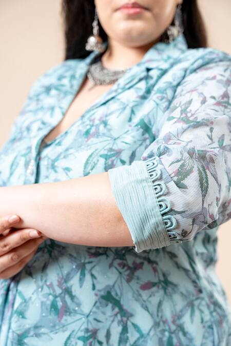 Mamicha_Chiffon Collared Cyan-blue Floral Print Dress_Online_at_Aza_Fashions