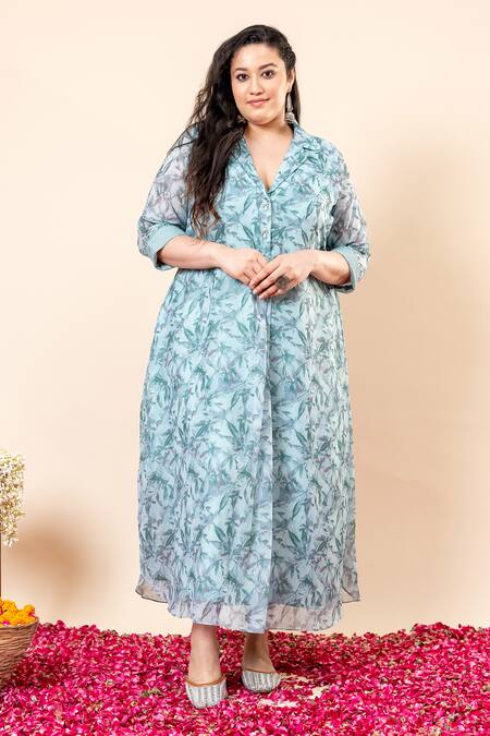 Mamicha_Chiffon Collared Cyan-blue Floral Print Dress_at_Aza_Fashions