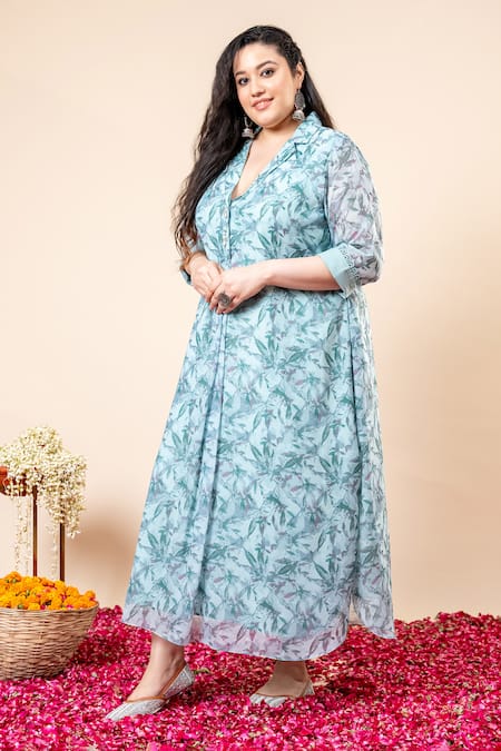 Buy_Mamicha_Chiffon Collared Cyan-blue Floral Print Dress