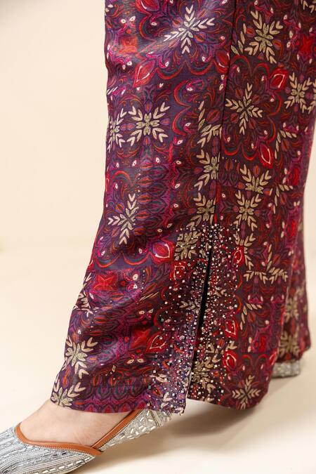 Buy_Mamicha_Wine Crepe Embroidery, Sequins V-neck Italian Kurta Pant Set_Online_at_Aza_Fashions