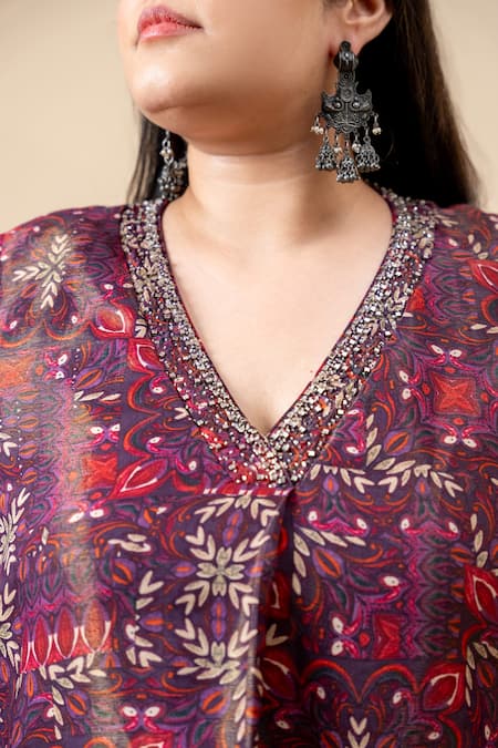 Mamicha_Wine Crepe Embroidery, Sequins V-neck Italian Kurta Pant Set_at_Aza_Fashions