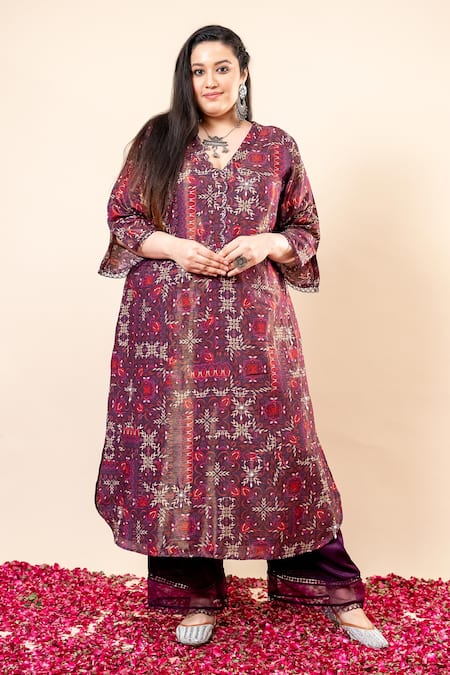 Mamicha Wine Crepe Embroidery V-neck Printed Kurta Pant Set
