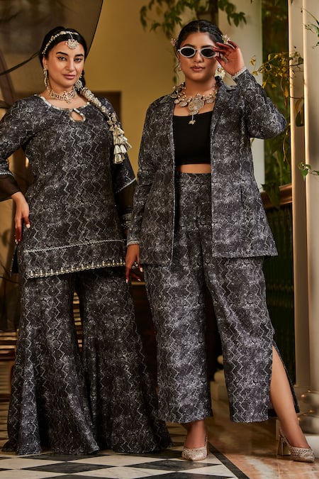 Shop_Mamicha_Black Polyester, Rayon Embroidery Blazer And Pant Set