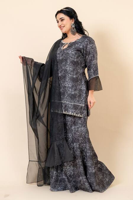 Mamicha_Black Polyester, Rayon Embroidery Keyhole Neck Kurta Sharara Set_Online_at_Aza_Fashions