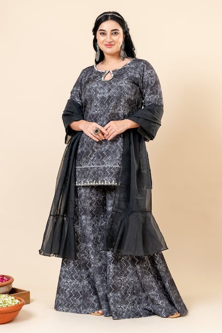 Shop_Mamicha_Black Polyester, Rayon Embroidery Keyhole Neck Kurta Sharara Set_Online_at_Aza_Fashions
