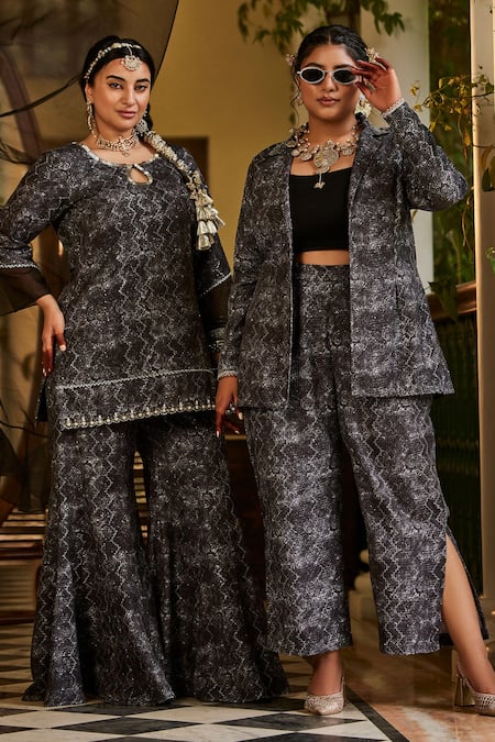 Mamicha_Black Polyester, Rayon Embroidery Keyhole Neck Kurta Sharara Set_at_Aza_Fashions