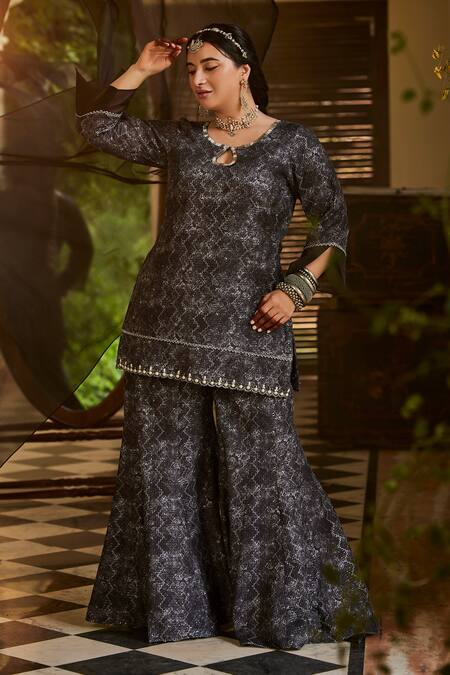 Buy_Mamicha_Black Polyester, Rayon Embroidery Keyhole Neck Kurta Sharara Set