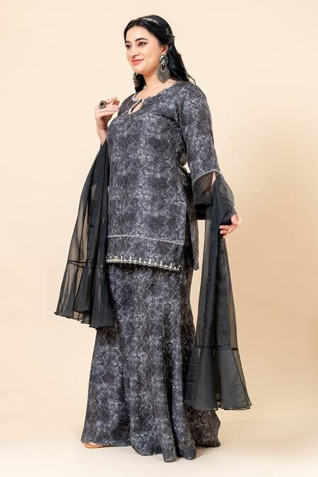 Shop_Mamicha_Black Polyester, Rayon Embroidery Keyhole Neck Kurta Sharara Set