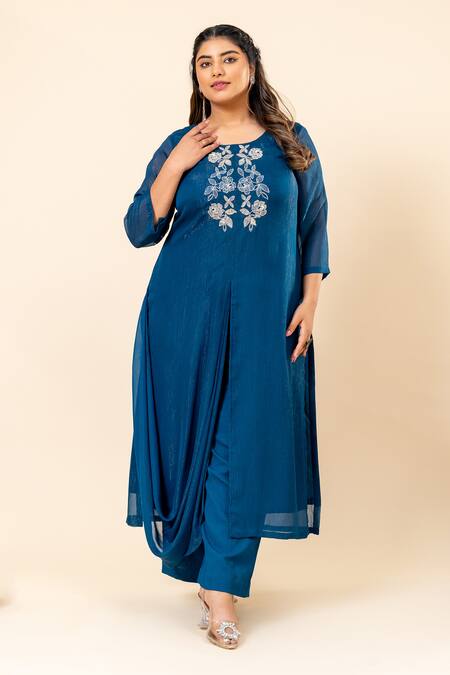 Buy_Mamicha_Blue Chiffon Embroidery Round Neck Midnight Shimmer Kurta Pant Set_Online_at_Aza_Fashions