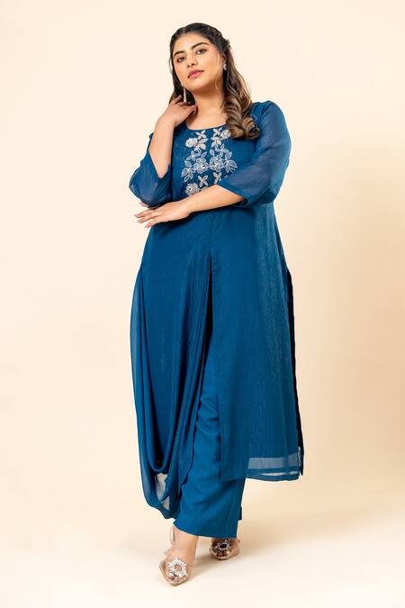 Shop_Mamicha_Blue Chiffon Embroidery Round Neck Midnight Shimmer Kurta Pant Set_Online_at_Aza_Fashions