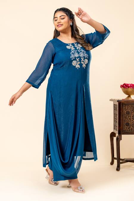 Mamicha_Blue Chiffon Embroidery Round Neck Midnight Shimmer Kurta Pant Set_at_Aza_Fashions