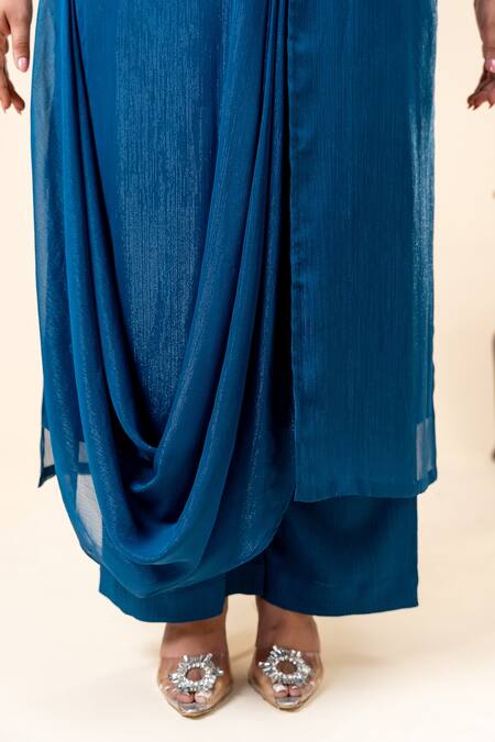 Buy_Mamicha_Blue Chiffon Embroidery Round Neck Midnight Shimmer Kurta Pant Set