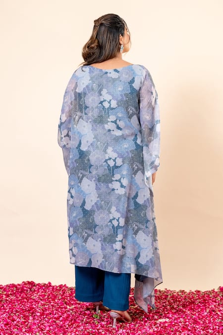 Shop Mamicha Blue Chiffon Round Neck Floral Print Kaftan And Pant Set at Aza Fashions Shop_Mamicha_Blue Chiffon Round Neck Floral Print Kaftan And Pant Set_at_Aza_Fashions