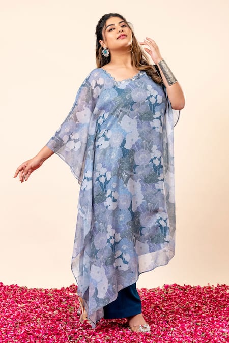 Mamicha Blue Chiffon Round Neck Floral Print Kaftan And Pant Set Online at Aza Fashions Mamicha_Blue Chiffon Round Neck Floral Print Kaftan And Pant Set_Online_at_Aza_Fashions