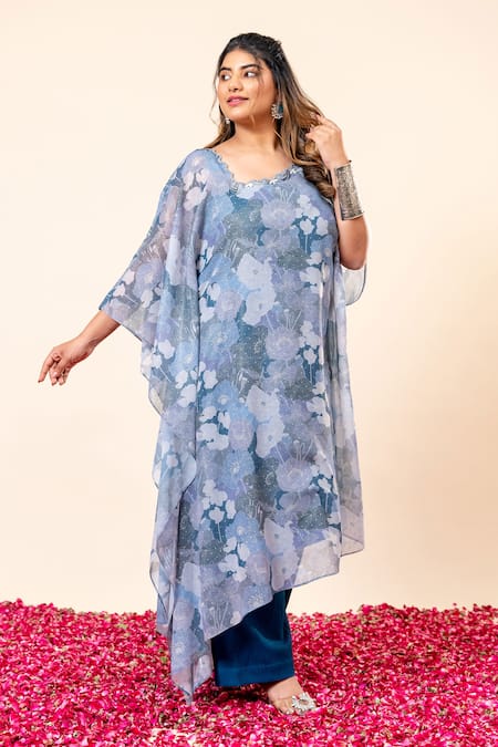Buy Mamicha Blue Chiffon Round Neck Floral Print Kaftan And Pant Set Online at Aza Fashions Buy_Mamicha_Blue Chiffon Round Neck Floral Print Kaftan And Pant Set_Online_at_Aza_Fashions