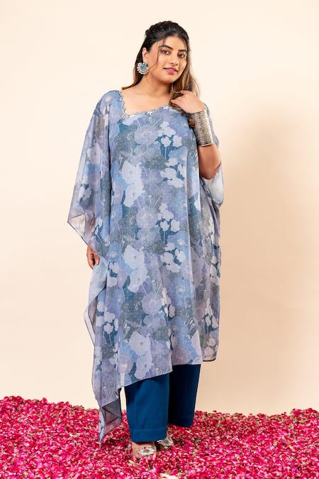 Mamicha Blue Chiffon Round Neck Floral Print Kaftan And Pant Set