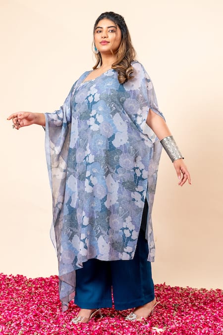 Shop Mamicha Blue Chiffon Round Neck Floral Print Kaftan And Pant Set Online at Aza Fashions Shop_Mamicha_Blue Chiffon Round Neck Floral Print Kaftan And Pant Set_Online_at_Aza_Fashions