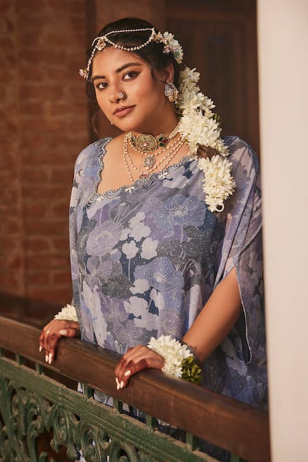 Mamicha Blue Chiffon Round Neck Floral Print Kaftan And Pant Set at Aza Fashions Mamicha_Blue Chiffon Round Neck Floral Print Kaftan And Pant Set_at_Aza_Fashions