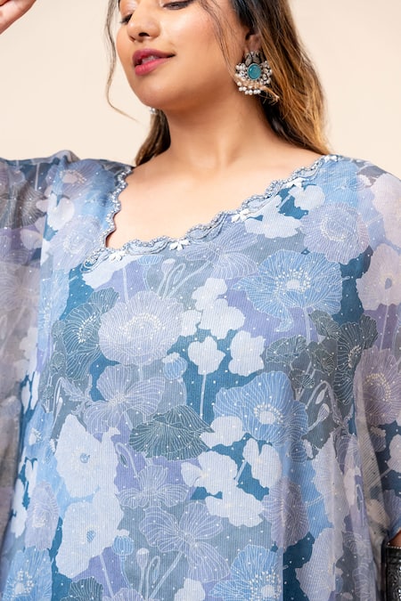Buy Mamicha Blue Chiffon Round Neck Floral Print Kaftan And Pant Set Buy_Mamicha_Blue Chiffon Round Neck Floral Print Kaftan And Pant Set